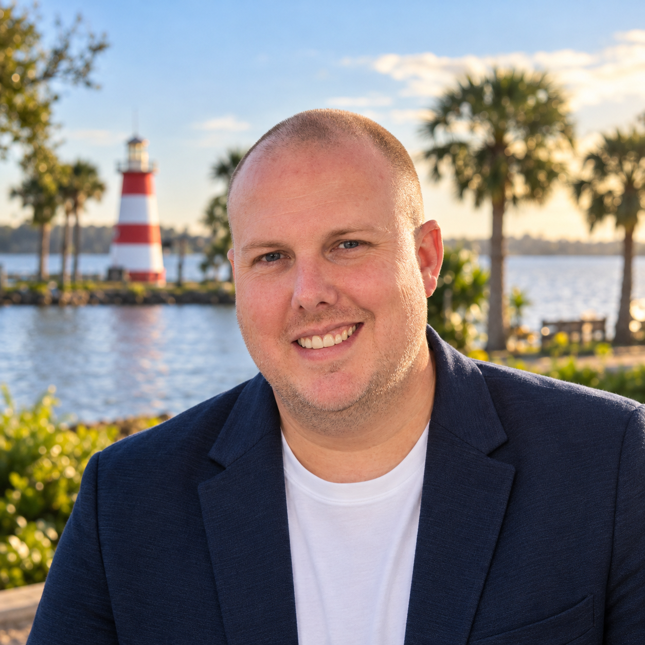 Jimmy Thomas smiling by the water, with the Mount Dora lighthouse behind him