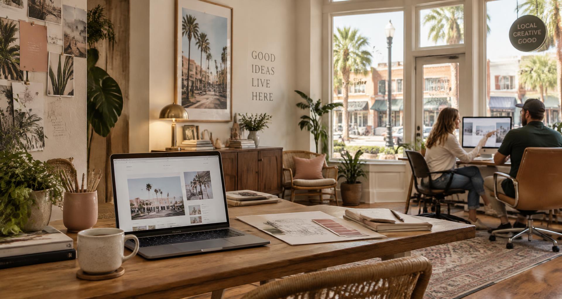 A sunlit creative studio with a website on a laptop and views of a small-town main street